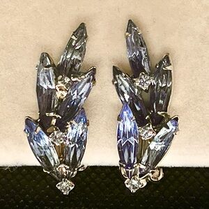 Vintage Large Blue Clear Rhinestone Climber Clip On Earrings Mint‎ Condition